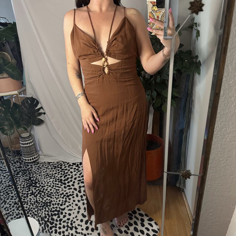 Zara Cut Out Strappy Maxi Dress Brown Size Large - Picture 2 of 7